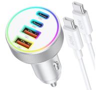 Caricabatterie Auto, Caricatore USB C a 4 porte 90W con USB-C&A, Presa 12V PD/QC Adattatore Accendisigari Rapido con cavo Type C [bianco] per iPhone 16 15 Pro Max/Pro/Plus/16e, Samsung Galaxy S25/S24