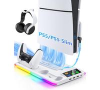 Caricabatterie controller per PS5/PS5 Slim/Pro: supporto per ventola di raffreddamento PS5 e stazione di ricarica per controller, accessori sottili PS5/PS5 dock di ricarica verticale per console