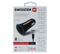 Caricabatterie da accendisigari - Swissten - Nero - 2 porte USB - Cavo USB-C - Garanzia 12 mesi