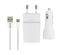 Kit caricabatteria 2.1A + caricatore auto 2.1A + cavo USB tipo C 1m - Bianco