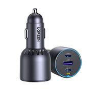 Caricabatterie rapido per auto UGREEN 35024 da 75 W con 2 porte USB-C e 1 porta USB-A. Per iPhone 16/15/14, Samsung Galaxy S24/23, Metallo