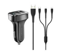 CARICABATTERIE DA AUTO USAMS C13 2xUSB 2,1A cavo 3 in 1 da 5 V 2,1 A, Nero