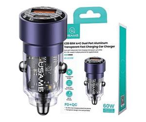 CARICABATTERIE DA AUTO USAMS C39 USB-A e USB-C da 60 W, Viola