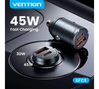 Caricabatterie da auto Vention MINI 45W con ricarica rapida QC PD per iPhone 17 16 Pro Xiaomi Samsung, con anello di trazione, doppia porta USB-C, 12-24V, per accendisigari