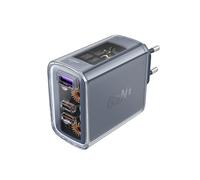 Caricabatterie da parete GaN da 65 W con 3 porte: 1 USB, 2 USB-C, colore grigio.