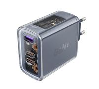 Caricabatterie da parete GaN da 65 W con 3 porte: 1 USB, 2 USB-C, colore grigio.