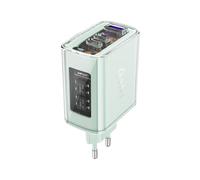 Caricabatterie da parete GaN da 65 W con 3 porte: 1 USB, 2 USB-C, colore verde.