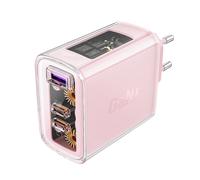 Caricabatterie da parete GaN da 65 W con 3 porte: 1 USB e 2 USB-C, colore rosa.