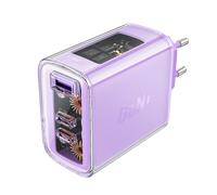 Caricabatterie da parete GaN da 65 W con 3 porte: 1 USB e 2 USB-C, colore viola.