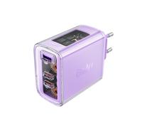 Caricabatterie da parete GaN da 65 W con 3 porte: 1 USB e 2 USB-C, colore viola.