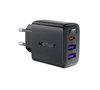 Caricabatterie da parete GaN PD da 35 W con 3 porte: 2 USB-A + USB-C, colore nero.