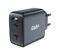 Caricabatterie da parete GaN veloce da 35 W PD con 2 porte USB-C, colore nero.