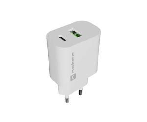 Caricabatterie da parete Natec Ribera 20W - 1xUSB-A + 1xUSB-C - Ricarica rapida - Ricarica 2 dispositivi contemporaneamente - Bianco