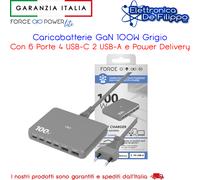 Caricabatterie GaN 100W Grigio Con 6 Porte 4 USB-C 2 USB-A e Power Delivery
