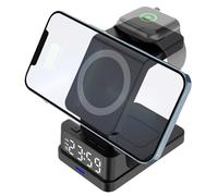 Caricabatterie senza fili da scrivania 4 in 1 | Supporto magnetico con orologio digitale e luce a intensità variabile | Ricarica rapida 15 W per smartphone, auricolari | Portatile e pratico