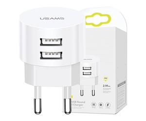 CARICABATTERIE USAMS T20 2xUSB 2,1A, ricarica rapida da 5 V, 2,1 A, Bianco