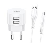 CARICABATTERIE USAMS T20 2xUSB 2.1A, USB-C aggiuntivo, ricarica rapida da 10,5 W, Bianco