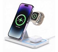 Caricabatterie wireless 3 in 1 POINT&GO - Base di ricarica rapida Qi per iPhone, Samsung, OPPO e Android, Apple Watch e cuffie, sicuro e compatto, tutto in uno. Colore bianco