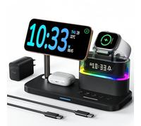 Caricabatterie wireless 5 in 1 con sveglia per dispositivi Apple, luce notturna da comodino, stazione di ricarica Mag-Safe per iPhone 16/15/14/13/12, Apple Watch, Air-Pod (nero)