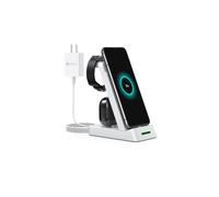 Caricabatterie wireless INF3-in-1 per cellulari, compatibile con smartwatch Samsung e cuffie, colore bianco.