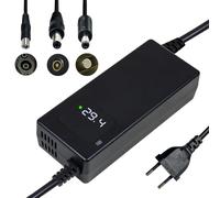 Caricatore 29,4 V 4 A Li-Ion 24 V, display LED, connettori RCA da 8 mm e DC 5,5 x 2,1/2,5 mm, protezioni multiple e certificazione CE per una ricarica sicura.