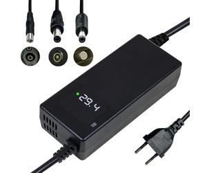 Caricatore 29,4 V 4 A Li-Ion 24 V, display LED, connettori RCA da 8 mm e DC 5,5 x 2,1/2,5 mm, protezioni multiple e certificazione CE per una ricarica sicura.