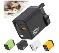 Caricatore 3 in 1, modulo di ricarica rapida scalabile da 80 W, parete retrattile 3 in 1 con cavo di tipo C e porte USB, adattatore di ricarica rapida portatile, per telefoni, tablet, laptop (nero)