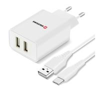 Caricatore da Muro Doppio USB 2.1A Smart IC + Cavo USB-C Swissten Bianco