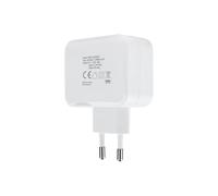 Caricatore da parete con doppia porta, uno USB-C e un altro USB, potenza da 27 W. Colore bianco, ideale per caricare dispositivi contemporaneamente in modo efficiente e veloce.