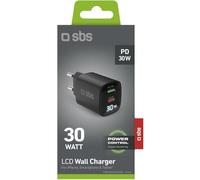 Caricatore da parete SBS GaN 30W 1xType-C 30W 1xUSB AFC 18W LCD, nero