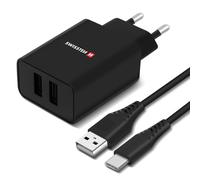 Caricatore Muro Doppio USB 3A Smart IC Cavo USB-C Swissten Slim Bianco