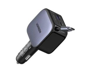 Caricatore per accendino con cavo retrattile Ugreen 60W 2x USB-C e 1x USB-A grigio