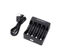 Caricatore rapido da 4 batterie AA/AAA, nero, con ricarica simultanea e protezione contro il surriscaldamento, ideale per mantenere le batterie pronte.