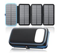 Caricatore Solare Power Bank 27000mAh - FEELLE Caricabatterie Solare con 3 Uscite USB, 3A Ricarica Rapida, Torcia Integrata Super Luminosa e 4 Pannelli Solari Pieghevoli per Smartphone Tablet (Blu）