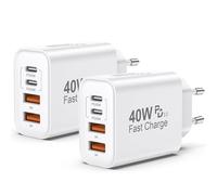Caricatore USB C 2 Pack,40W 4-Porte Multiplo USB C & USB A Rapido PD & QC3.0,Alimentatore Presa Carica Spinotto Caricabatterie Cellulare Per iPhone 17/16/15/14/13/12/11/Pro/Max/Per iPad/Samsung Spina