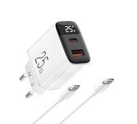 Caricatore USB C,25W Rapido Caricabatterie con Display di potenza,2 Porte Caricatore USB Adattatore di Alimentazione,QC PD Caricabatterie con cavo per iPhone 16/15/14/13,Galaxy S24/S23/S22,bianco