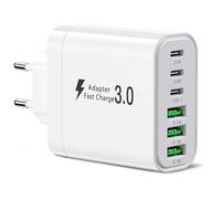Caricatore USB C 52 W, alimentatore di rete a 6 porte, USB A e C, 52 W, 6 porte, blocco di ricarica rapido PD 3.0, compatibile con iPhone 12/13/14/15/16/17 Pro Max/Samsung/Cellulari/Tablet