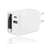 Caricatore USB C da 80 W con cavo di ricarica rapida a 3 porte, caricatore rapido USB C GaN compatto retrattile per iPhone 16/15/14/13/12/11 Serie MacBook Pro iPad Tablet Galaxy Samsung Bianco