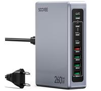 Caricatore USB C Multiplo, Stazione di Ricarica a 8 Porte 260W GaN Caricatore Rapido PPS QC3.0+PD 100W Laptop Caricabatterie, Compatibile con MacBook Pro/Air/ThinkPad/iPhone 15/16/Galaxy 23