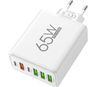 Caricatore USB Multiporta 65W, Stazione di Ricarica da Parete a 6 Porte con 2 USB-C e 4 USB-A, Compatibile con iPhone, Android, Samsung Galaxy, Xiaomi, Huawei, Tablet, Smartwatch (Bianco)