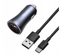 Caricatore Veloce 40W 12-24V 2xUSB; Cavo USB-C 1m, Grigio Scuro, Baseus