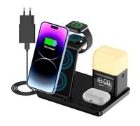 Caricatore Wireless 6 in 1, 15W Qi Certificato Ricarica Rapida con Luce Notturna Visualizzazione Dell'ora & Sveglia per iPhone 15 14 13 12 11 Pro Max Apple Watch AirPods Samsung Xiaomi Redmi Google