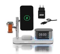 Caricatore Wireless Magnetica 5 in 1 con Sveglia, Altoparlante Bluetooth e Luce Notturna LED per MagSafe di MMOBIEL - Stazione Ricarica Qi2.2 25W per iPhone, per Apple Watch e per AirPods - Bianco