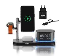 Caricatore Wireless Magnetica 5 in 1 con Sveglia, Altoparlante Bluetooth e Luce Notturna LED per MagSafe di MMOBIEL - Stazione Ricarica Qi2.2 25W per iPhone, per Apple Watch e per AirPods - Nero
