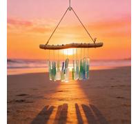 Carillon a per vento artigianale verde combinazione vetro mare driftwood e corda