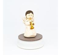 Carillon Angelo Musicale con Statuetta in Resina Decorata a Tema Angelo che Suona poggiata su Base in Legno Laccato Tortora
