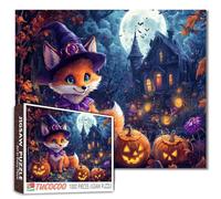 Carina volpe in cappello da strega puzzle 1000 pezzi per adulti zucche di Halloween casa infestata puzzle luna piena spettrale notte autunnale puzzle decorazione da parete 68 x 50 cm divertente puzzle