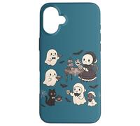 Carino accogliente Halloween Gothic Ghost Tea Party Cat Pastel Blue Custodia per iPhone 16 Plus