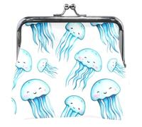 Carino Acquerello Blu Medusa Bianco Personalizzato In Pelle Sacchetto Della Moneta Delle Donne Ragazza Fibbia Bacio Blocco Moneta Cambiamento Del, Carino Acquerello Blu Medusa Bianca, classico