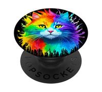 Carino arcobaleno gatto ritratto acquerello vibrante per gli uomini donne PopSockets PopGrip Adesivo